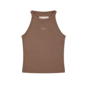 HIGH NECK RIBBED TOP - BROWN